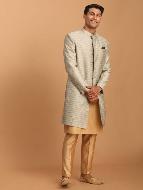 Vastramay Men's Beige Silk Blend Sherwani With Rose Gold Kurta Pant Set